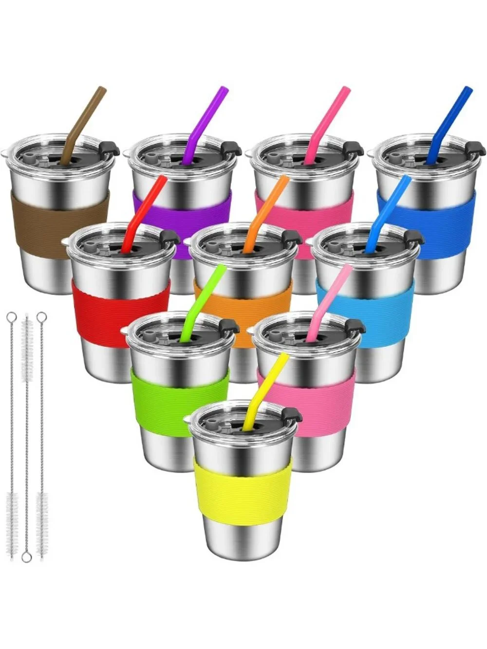 Spill-Proof Toddler Cups with Straws, 12oz Stainless Steel, Colorful Silicone